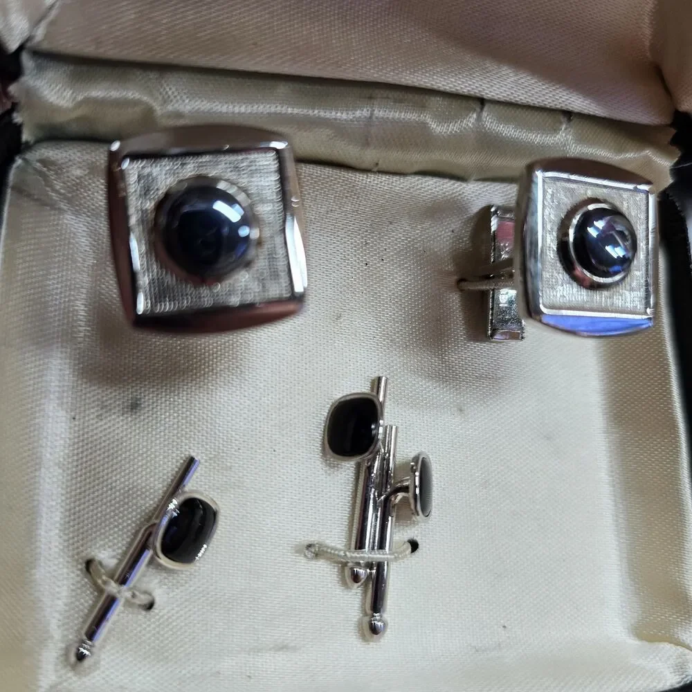 Vintage Chalette 5032 Cufflinks & Studs Silver Black Gray Stone Cowboy Classic